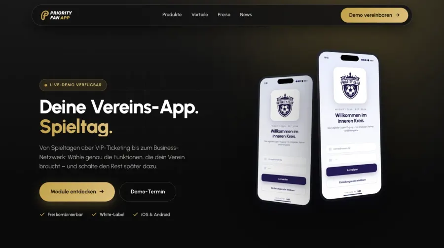 Landingpage der Priority Fan App