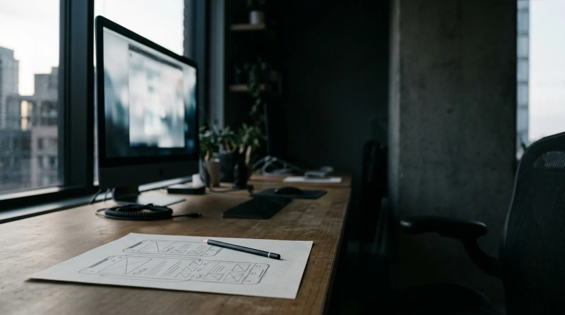 Arbeitsplatz mit Wireframe-Skizzen einer Landingpage
